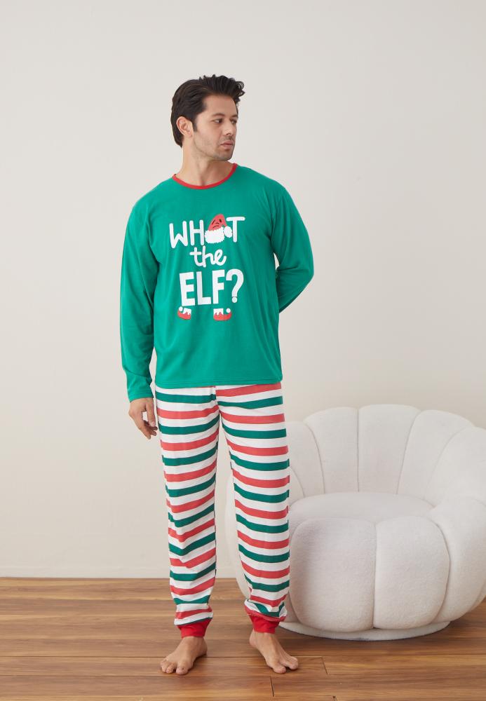 Pijama barbati Craciun "WHAT the ELF?" , maneca lunga ,pantaloni lungi,Culoare Verde ,Engros